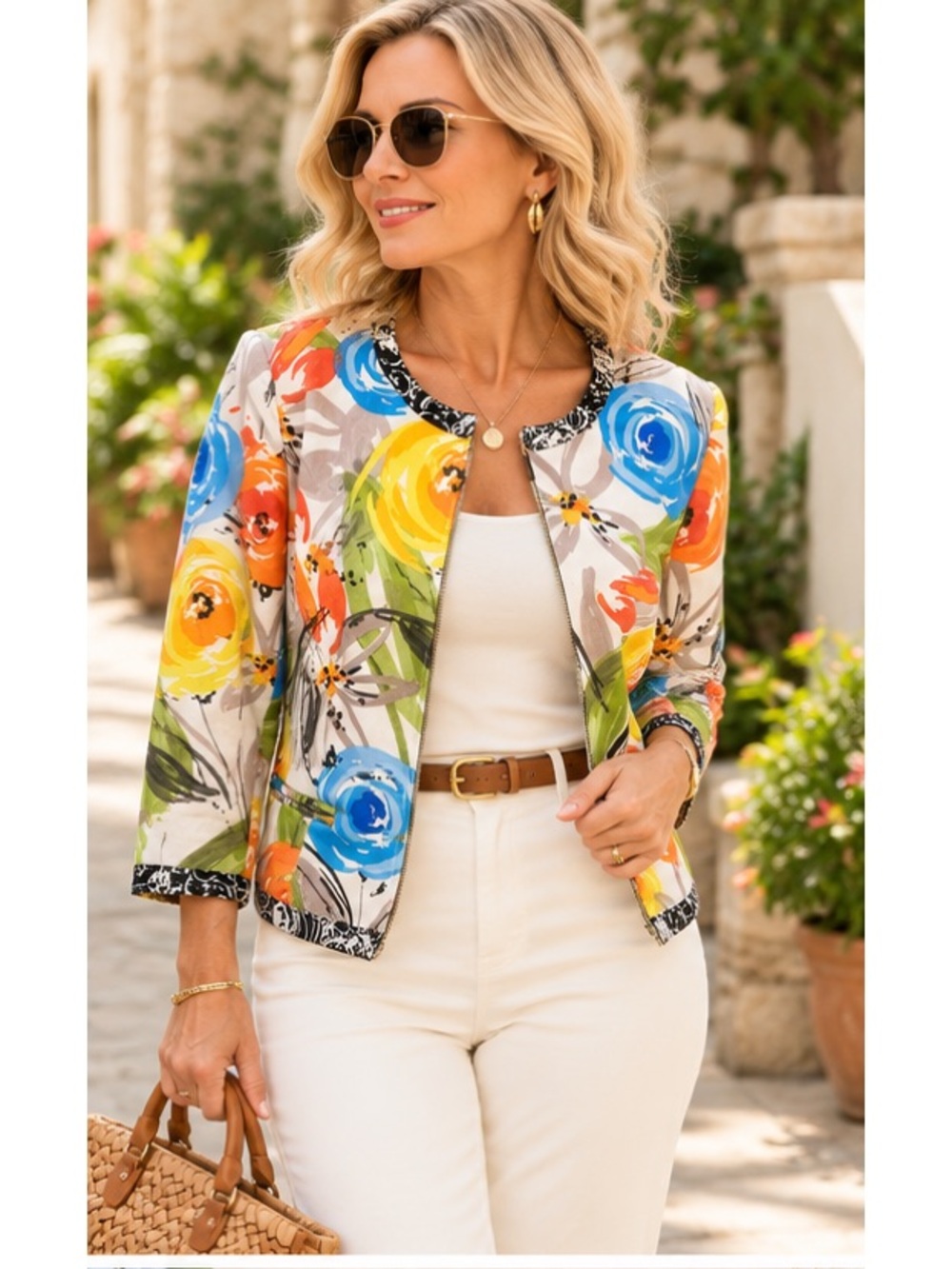Peter Nygard Floral Linen Blend Zip Jacket 10P Petite Artsy Colorful